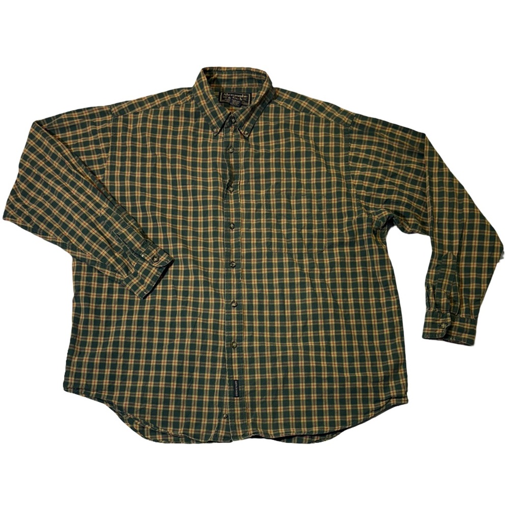 VINTAGE Abercrombie & Fitch mens XL green tan plaid Y2K oxford shirt EUC